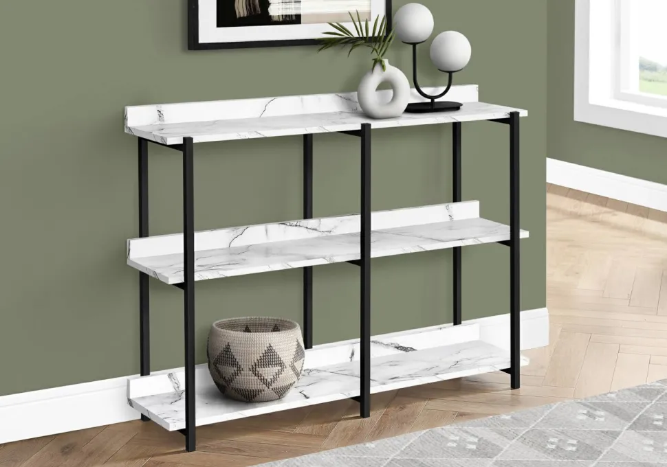 Accent Table, Console, Entryway, Narrow, Sofa, Living Room, Bedroom, White Marble Look Laminate, Black Metal, Contemporary, Modern
