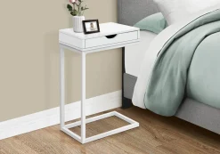 Accent Table, C-shaped, End, Side, Snack, Storage Drawer, Living Room, Bedroom, White Laminate, White Metal, Contemporary, Modern