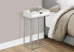 Accent Table, C-shaped, End, Side, Snack, Storage Drawer, Living Room, Bedroom, White Laminate, Grey Metal, Contemporary, Modern