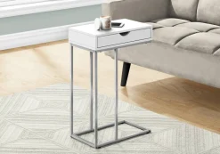 Accent Table, C-shaped, End, Side, Snack, Storage Drawer, Living Room, Bedroom, White Laminate, Grey Metal, Contemporary, Modern