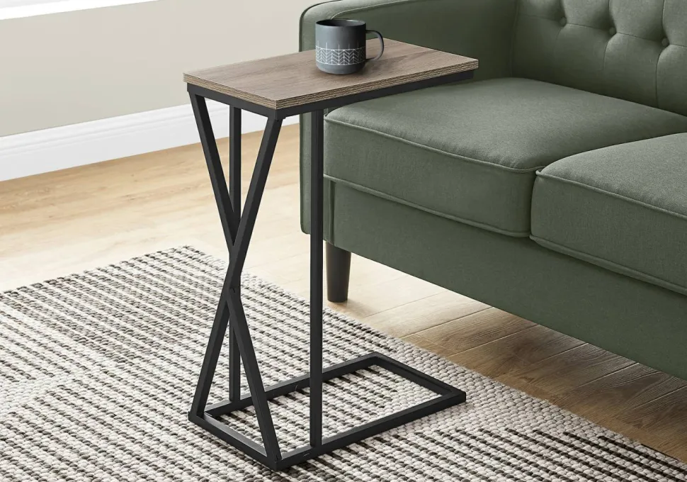 Accent Table, C-shaped, End, Side, Snack, Living Room, Bedroom, Brown Laminate, Black Metal, Contemporary, Modern