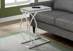 Accent Table, C-shaped, End, Side, Snack, Living Room, Bedroom, Grey Laminate, Chrome Metal, Contemporary, Modern