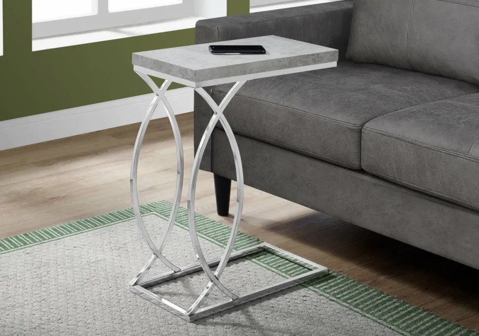 Accent Table, C-shaped, End, Side, Snack, Living Room, Bedroom, Grey Laminate, Chrome Metal, Contemporary, Modern