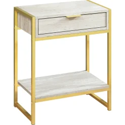 Accent Table, Side, End, Nightstand, Lamp, Storage Drawer, Living Room, Bedroom, Beige Marble Look Laminate, Gold Metal, Contemporary, Modern