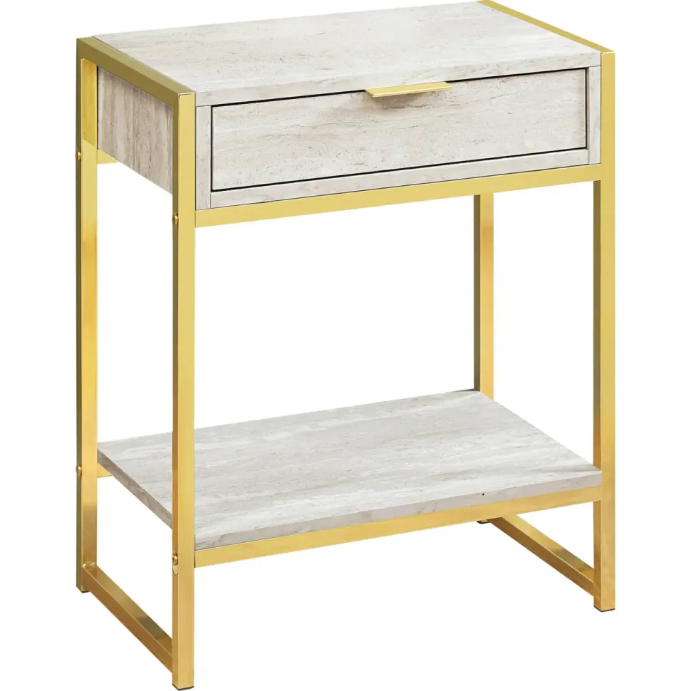 Accent Table, Side, End, Nightstand, Lamp, Storage Drawer, Living Room, Bedroom, Beige Marble Look Laminate, Gold Metal, Contemporary, Modern