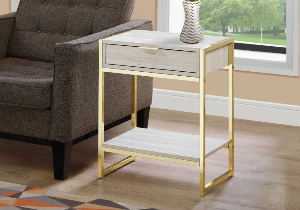 Accent Table, Side, End, Nightstand, Lamp, Storage Drawer, Living Room, Bedroom, Beige Marble Look Laminate, Gold Metal, Contemporary, Modern