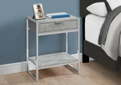 Accent Table, Side, End, Nightstand, Lamp, Storage Drawer, Living Room, Bedroom, Grey Laminate, Chrome Metal, Contemporary, Modern