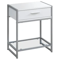 Accent Table, Side, End, Nightstand, Lamp, Storage Drawer, Living Room, Bedroom, White Laminate, Grey Metal, Contemporary, Modern