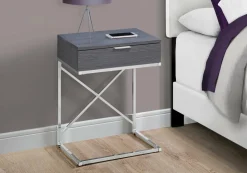 Accent Table, Side, End, Nightstand, Lamp, Storage Drawer, Living Room, Bedroom, Grey Laminate, Chrome Metal, Contemporary, Modern