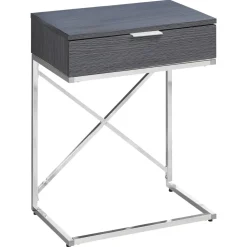 Accent Table, Side, End, Nightstand, Lamp, Storage Drawer, Living Room, Bedroom, Grey Laminate, Chrome Metal, Contemporary, Modern