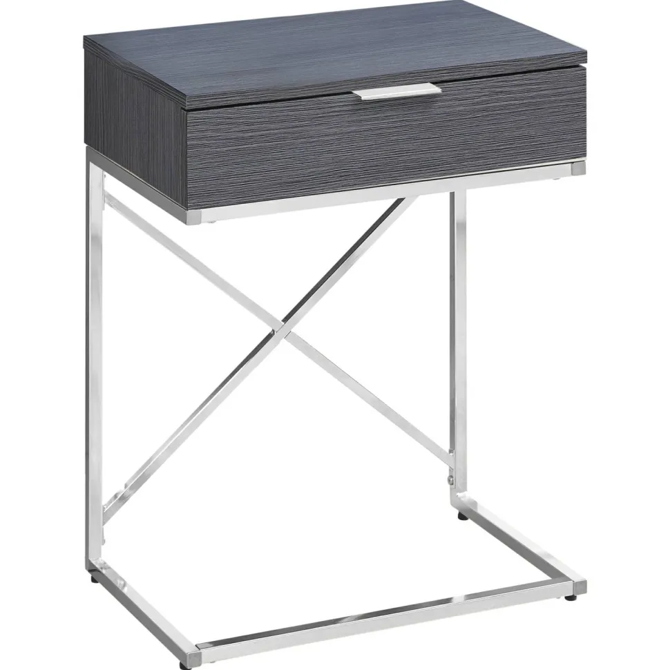 Accent Table, Side, End, Nightstand, Lamp, Storage Drawer, Living Room, Bedroom, Grey Laminate, Chrome Metal, Contemporary, Modern