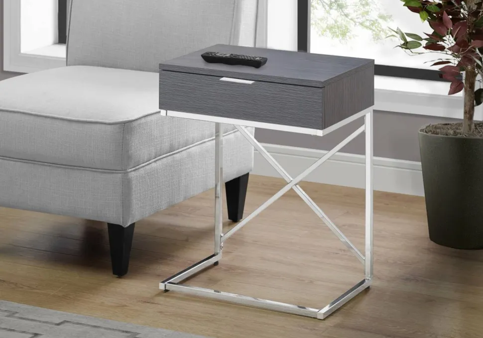 Accent Table, Side, End, Nightstand, Lamp, Storage Drawer, Living Room, Bedroom, Grey Laminate, Chrome Metal, Contemporary, Modern