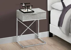 Accent Table, Side, End, Nightstand, Lamp, Storage Drawer, Living Room, Bedroom, Grey Laminate, Chrome Metal, Contemporary, Modern