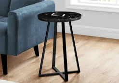 Accent Table, Side, Round, End, Nightstand, Lamp, Living Room, Bedroom, Black Marble Look Laminate, Black Metal, Contemporary, Modern