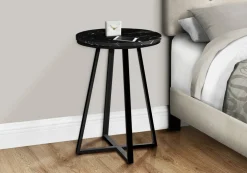 Accent Table, Side, Round, End, Nightstand, Lamp, Living Room, Bedroom, Black Marble Look Laminate, Black Metal, Contemporary, Modern