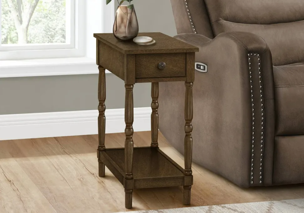 Accent Table, 2 Tier, End, Side Table, Nightstand, Bedroom, Narrow, Lamp, Storage Drawer, Brown Veneer, Traditional