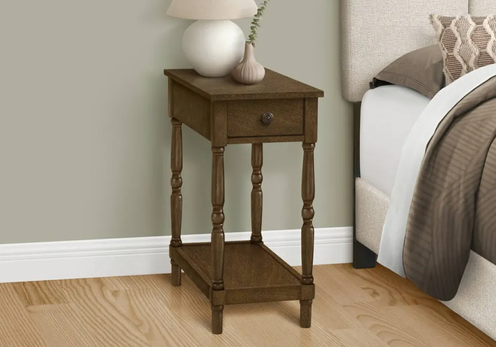 Accent Table, 2 Tier, End, Side Table, Nightstand, Bedroom, Narrow, Lamp, Storage Drawer, Brown Veneer, Traditional