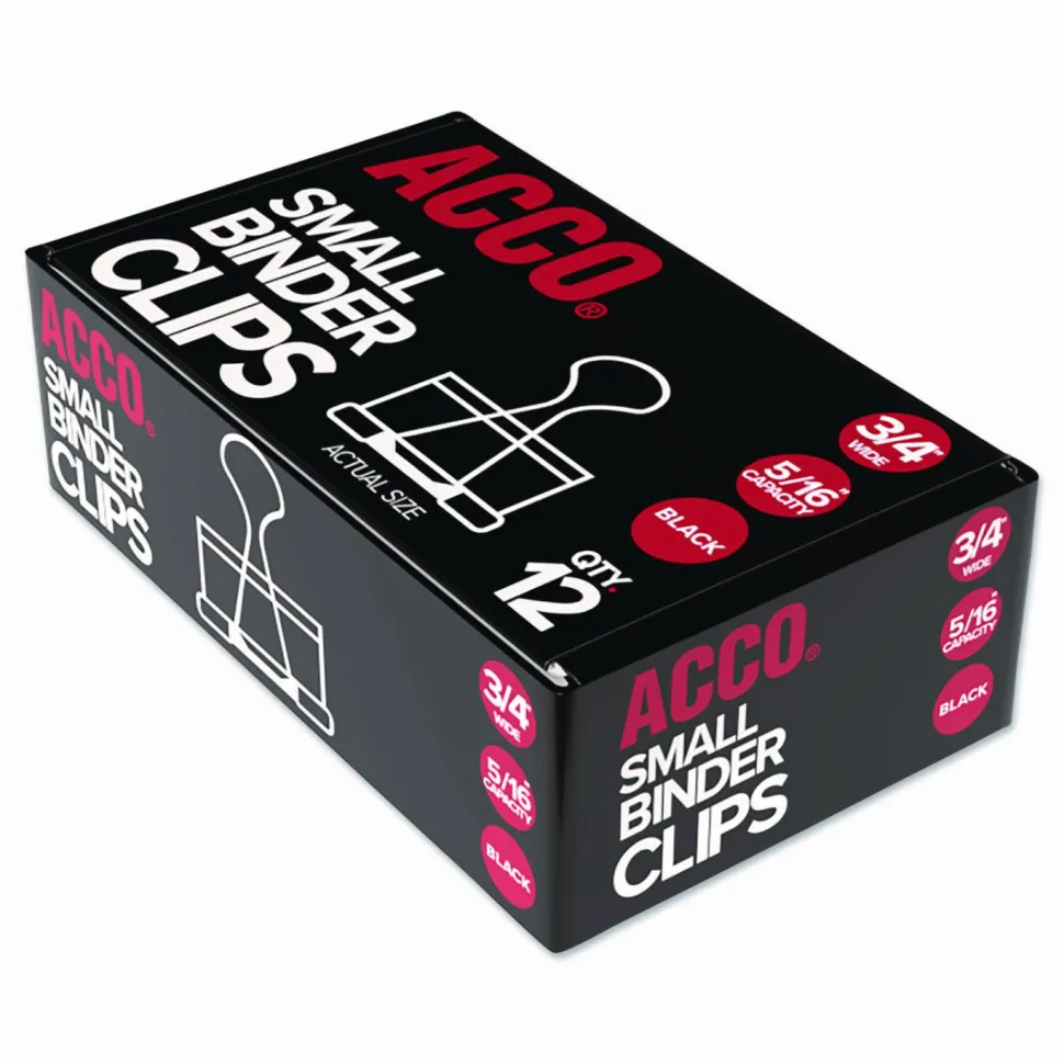 ACCO Binder Clips, Small, 3/4" Wide, 5/16" Capacity, Black, Pack Of 12