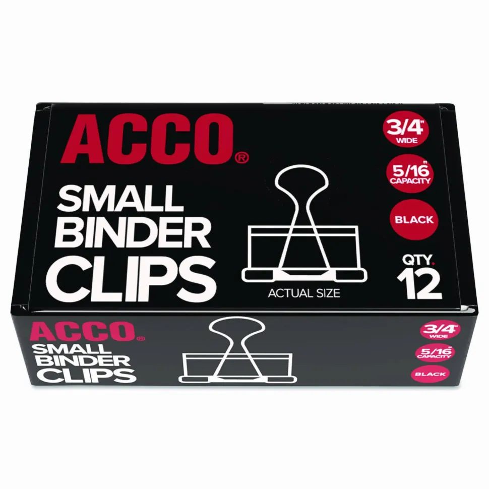 ACCO Binder Clips, Small, 3/4" Wide, 5/16" Capacity, Black, Pack Of 12