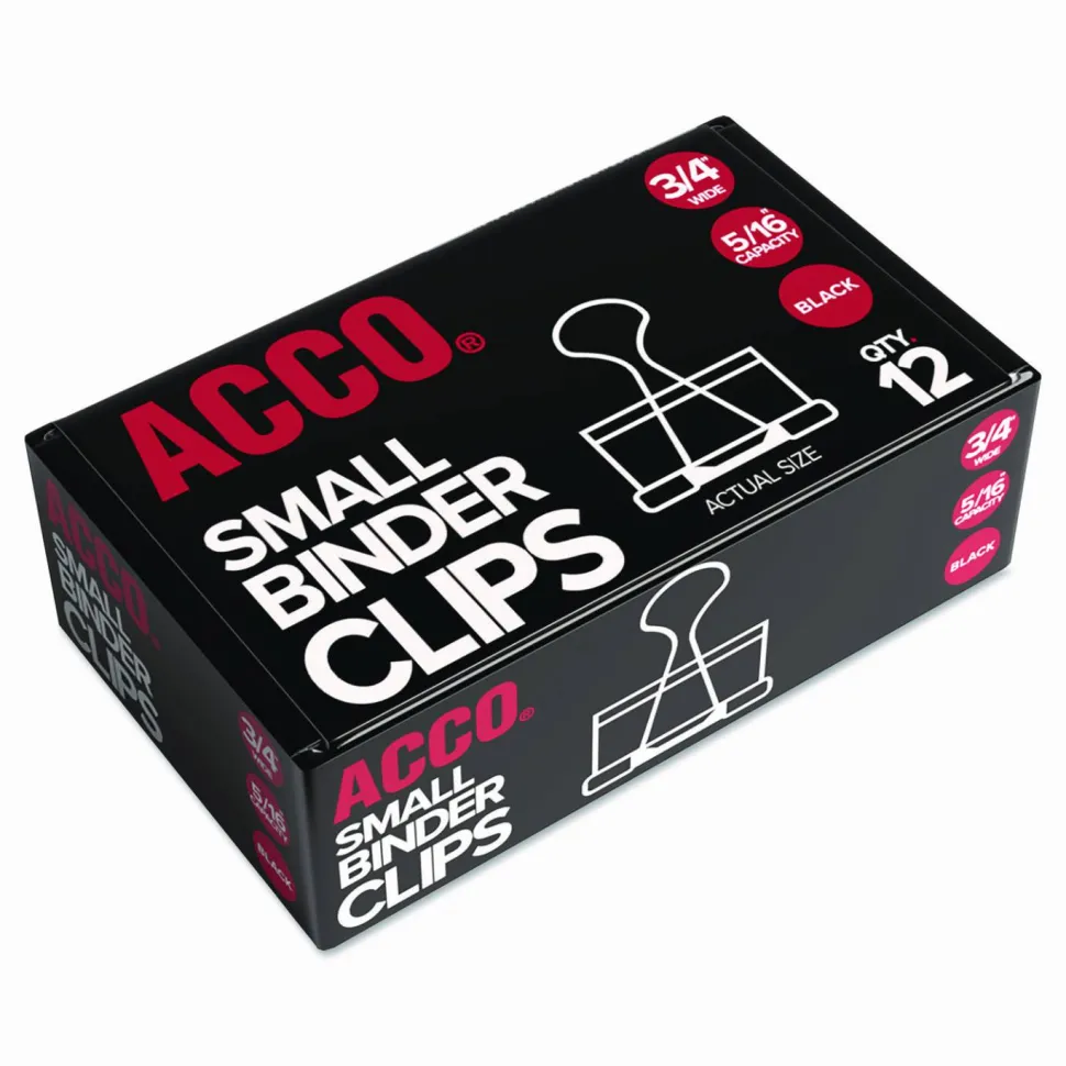 ACCO Binder Clips, Small, 3/4" Wide, 5/16" Capacity, Black, Pack Of 12