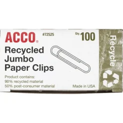 ACCO Paper Clips, Box Of 100, Jumbo, 90% Recycled, Silver