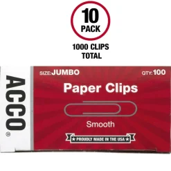 ACCO Paper Clips, Jumbo, Smooth, Silver, 20-Sheet Capacity, 100 Clips/Box, 10 Boxes/Pack