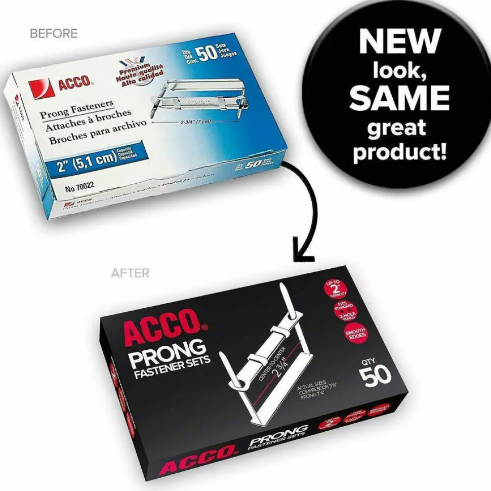 ACCO Premium Prong Fastener for Standard 2-Hole Punch (2 3/4" Centers), Complete Set, 2" Capacity, Box of 50 - A7070022