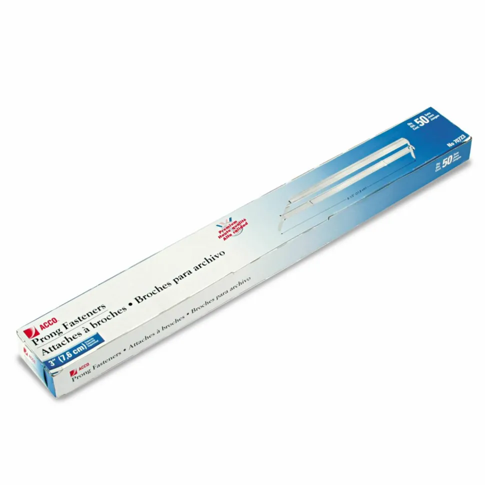 ACCO Premium Two-Piece Two-Prong Paper Fastener Base and Compressor Sets, 3" Capacity, 8.5" Center to Center, Silver, 50/Box