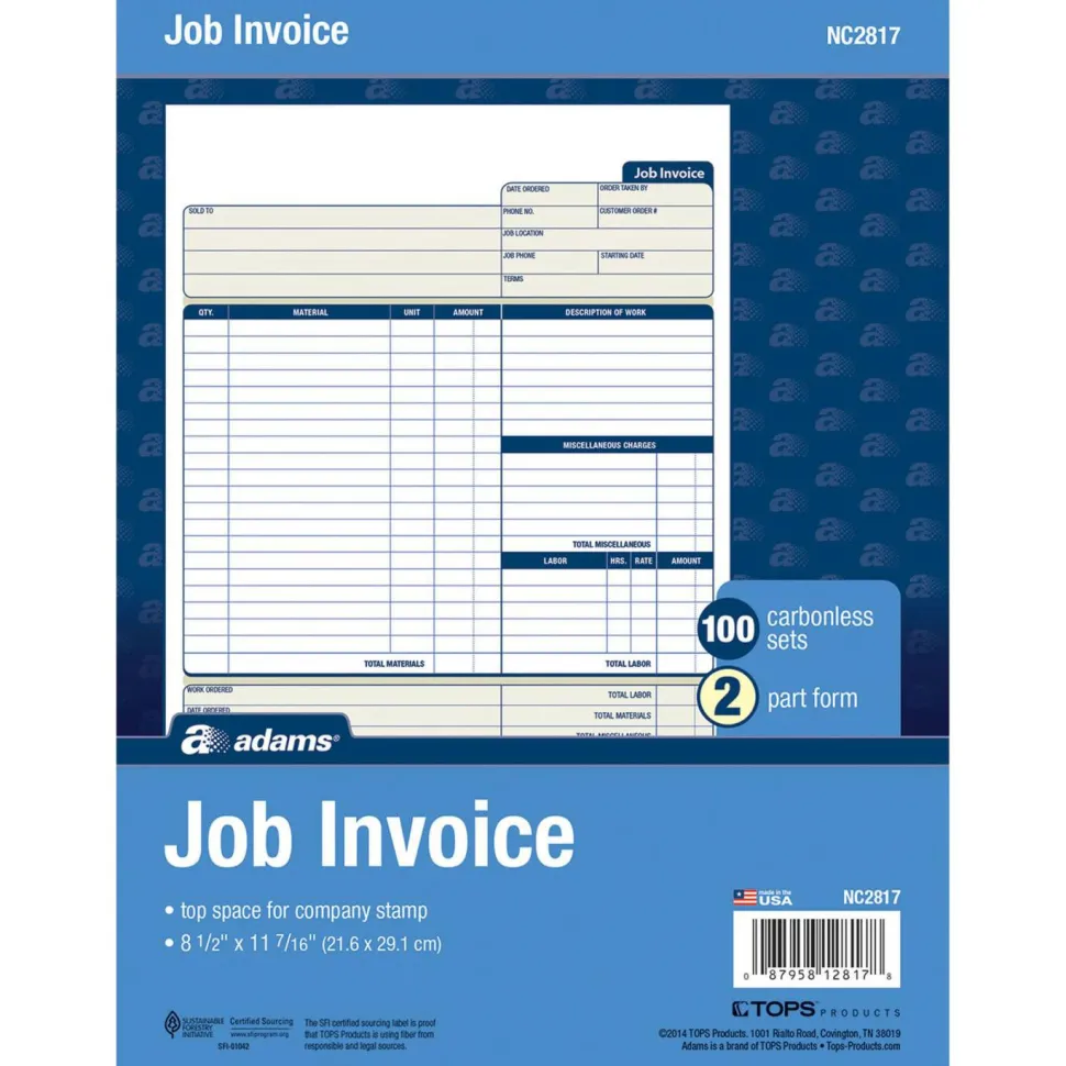 Adams Carbonless Contractor's Invoices, 2-Part, 100 Sets