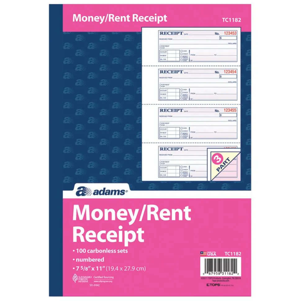 Adams Carbonless Money/Rent Receipt Book, 3-Part, 7 5/8" x 11", Book Of 100 Sets