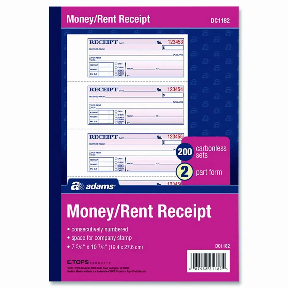 Adams Carbonless 2-Part Money/Rent Receipt Book, 7 5/8" x 11", Book Of 200 Sets