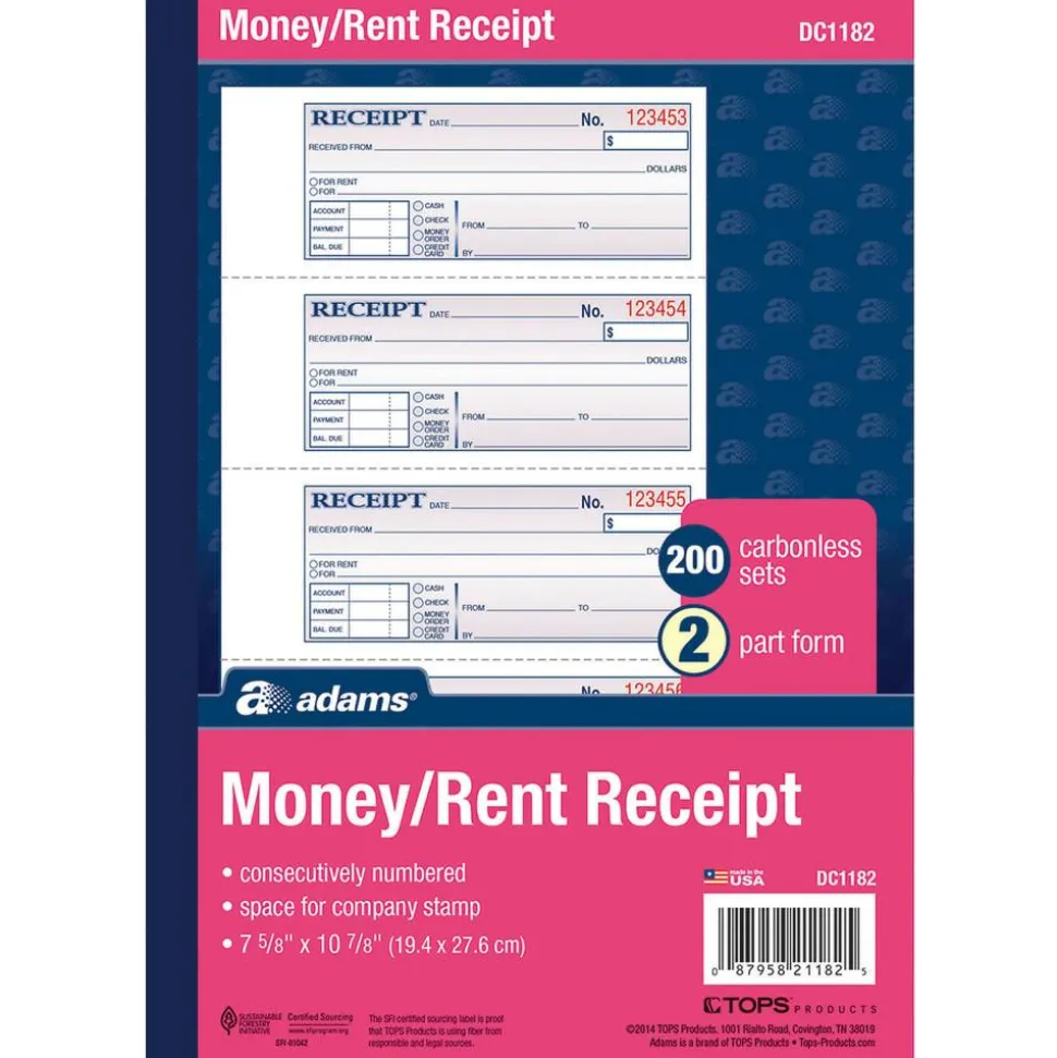 Adams Carbonless 2-Part Money/Rent Receipt Book, 7 5/8" x 11", Book Of 200 Sets