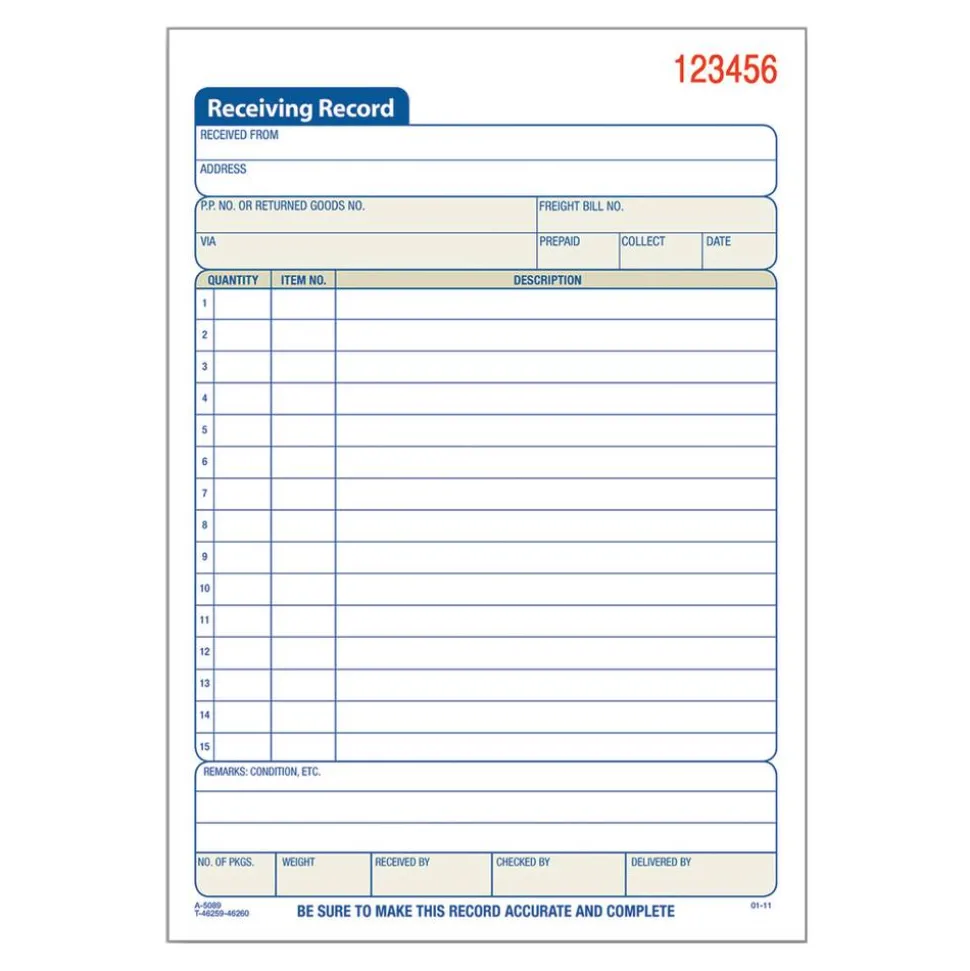 Adams Carbonless 2-Part Receiving Record Book, 5 9/16" x 8 7/16", Book Of 50 Sets