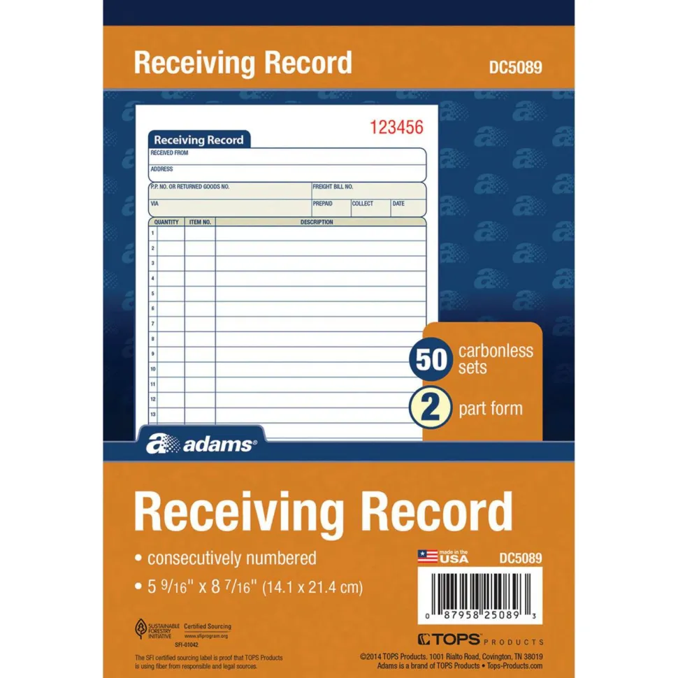 Adams Carbonless 2-Part Receiving Record Book, 5 9/16" x 8 7/16", Book Of 50 Sets