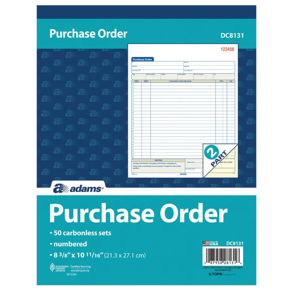Adams Carbonless Purchase Order Book, 8 3/8" x 10 11/16", 2-Part, 50 Set Pad