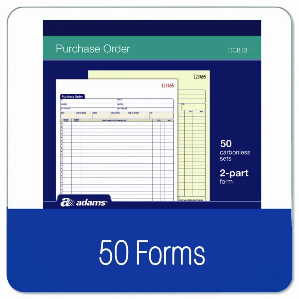 Adams Carbonless Purchase Order Book, 8 3/8" x 10 11/16", 2-Part, 50 Set Pad