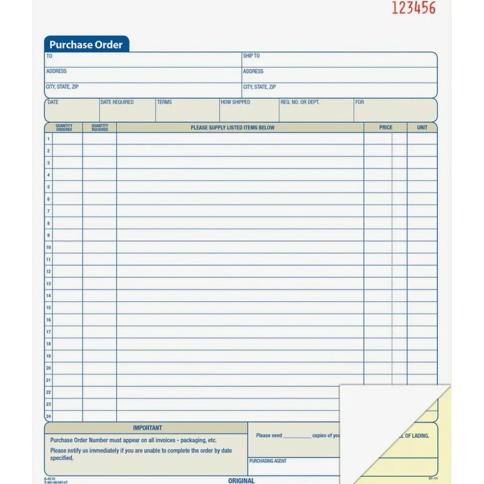 Adams Carbonless Purchase Order Book, 8 3/8" x 10 11/16", 2-Part, 50 Set Pad