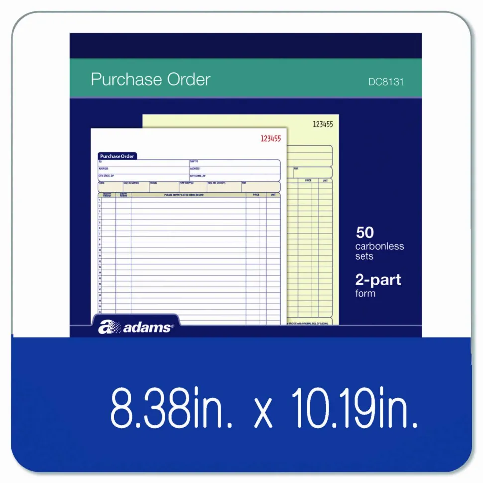 Adams Carbonless Purchase Order Book, 8 3/8" x 10 11/16", 2-Part, 50 Set Pad