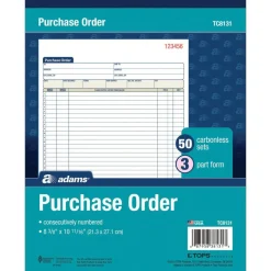Adams Carbonless Purchase Order Book, 8 3/8" x 10 11/16", 3-Part, 50 Set Pad