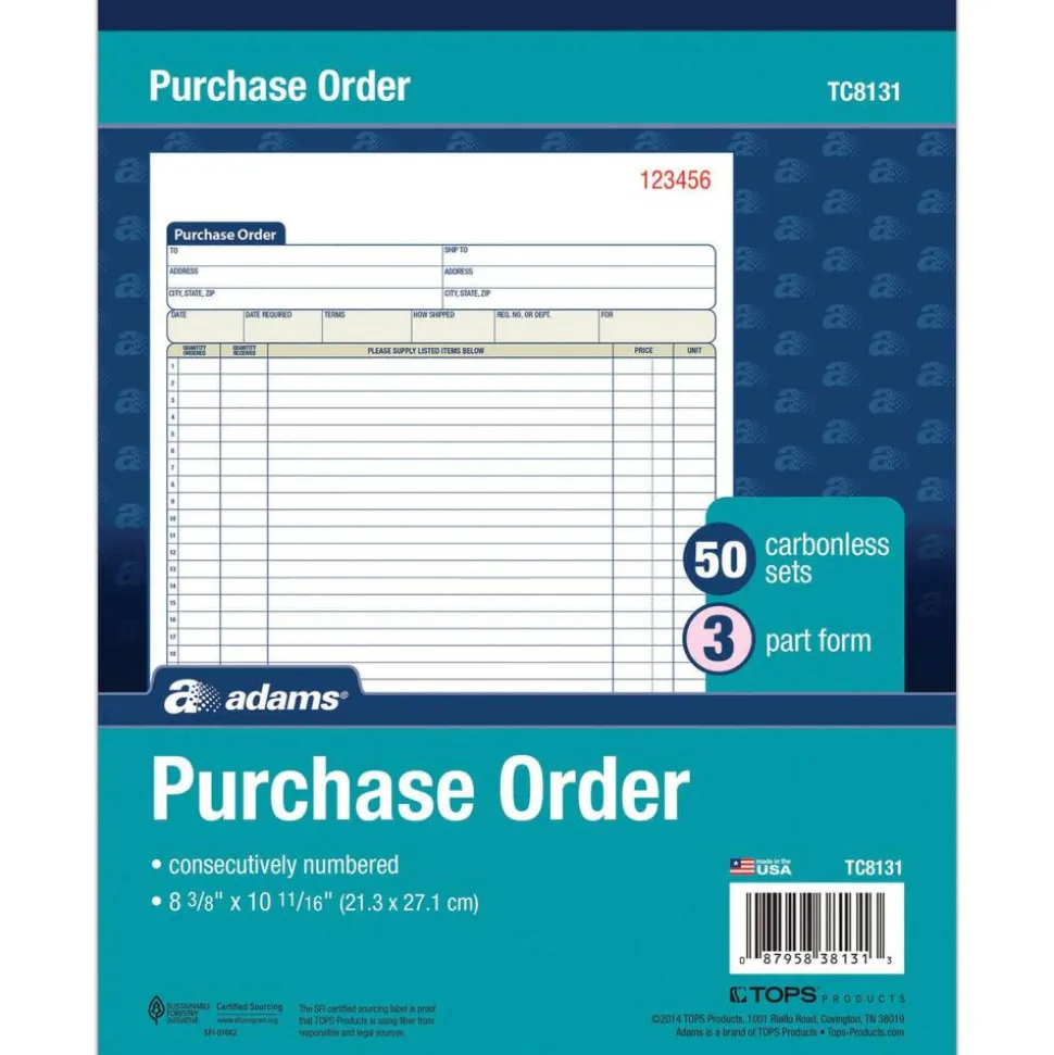 Adams Carbonless Purchase Order Book, 8 3/8" x 10 11/16", 3-Part, 50 Set Pad