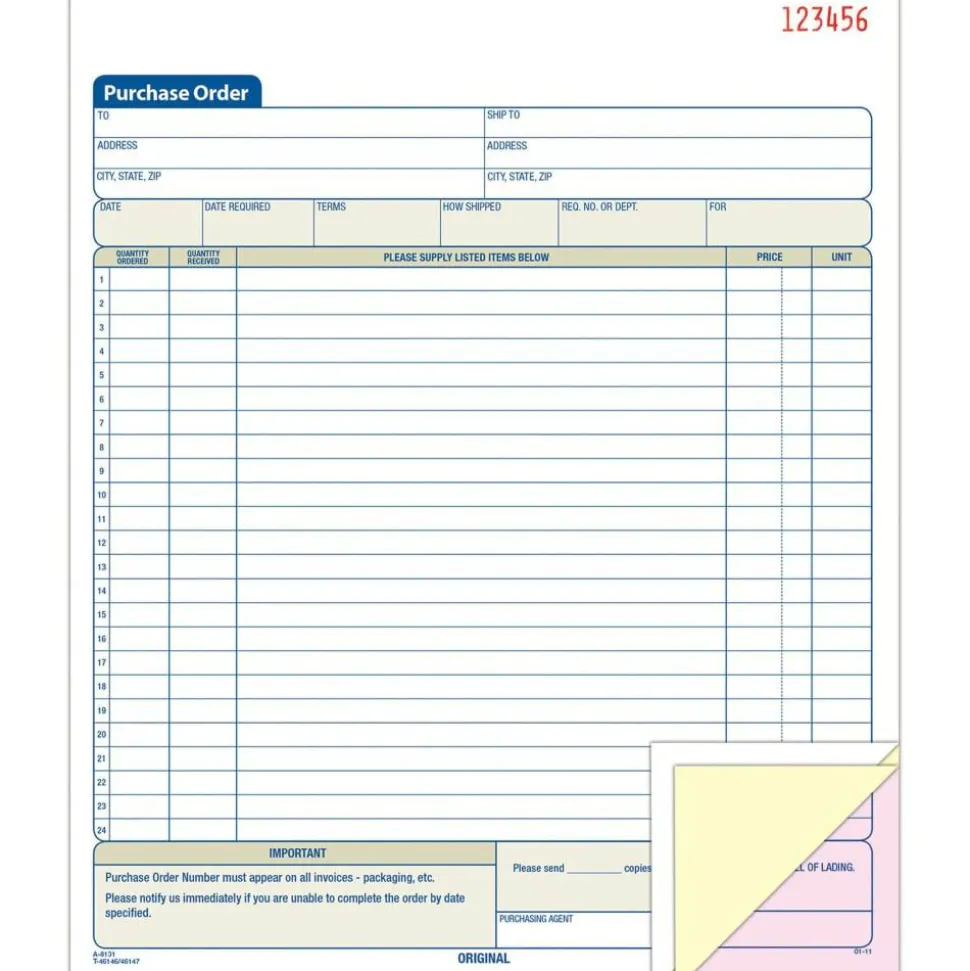 Adams Carbonless Purchase Order Book, 8 3/8" x 10 11/16", 3-Part, 50 Set Pad