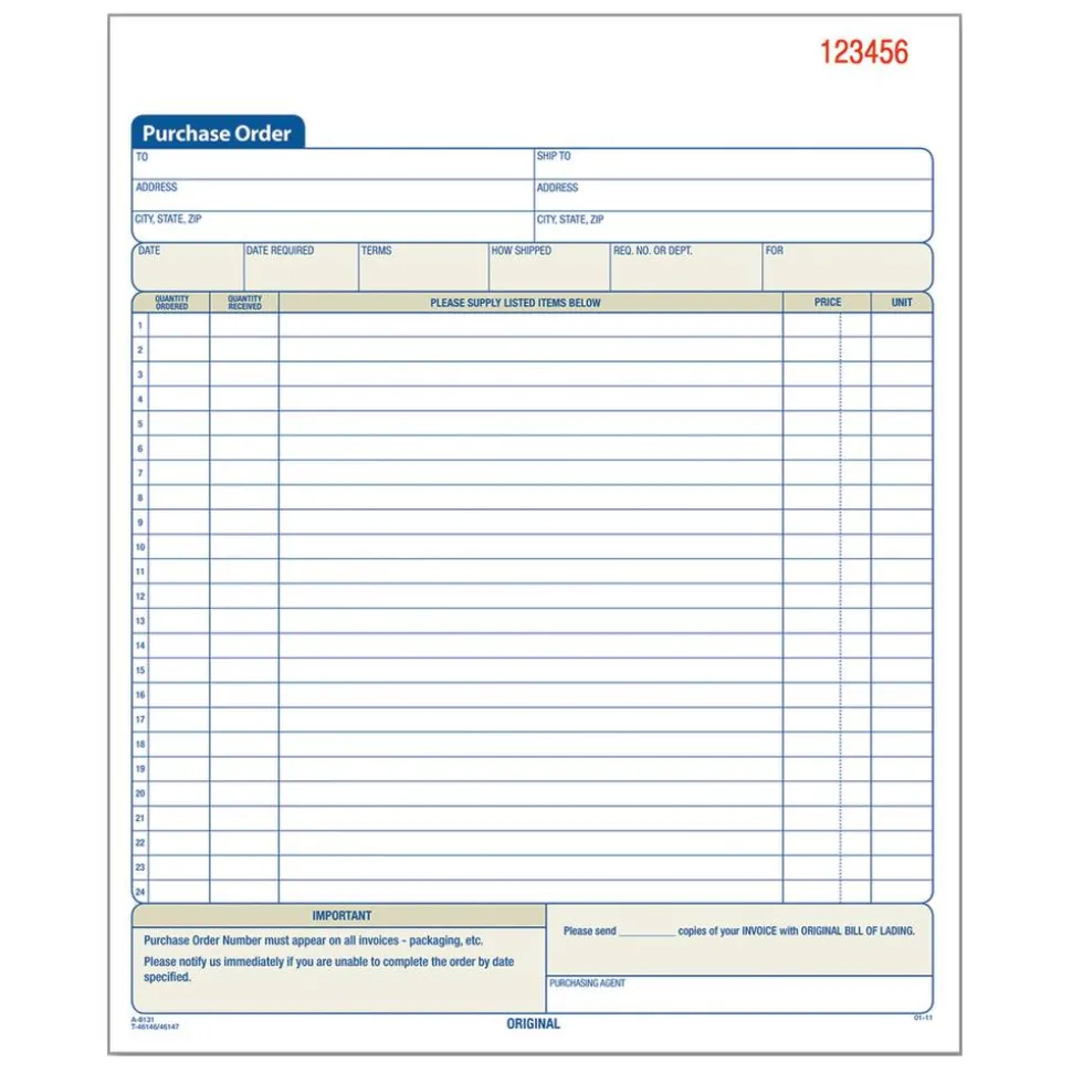 Adams Carbonless Purchase Order Book, 8 3/8" x 10 11/16", 3-Part, 50 Set Pad
