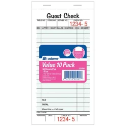 Adams Guest Check Books, 1-Part, 3 2/5" x 6 3/4", 10 Pads Of 50 Sheets Each (500 Guest Checks Total)