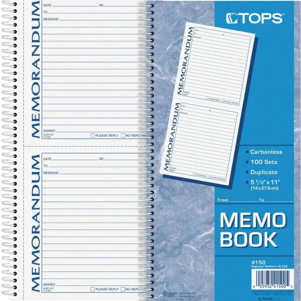 Adams 2-Part Spiral Memo Book, 5 1/4" x 11", Book Of 100 Sets