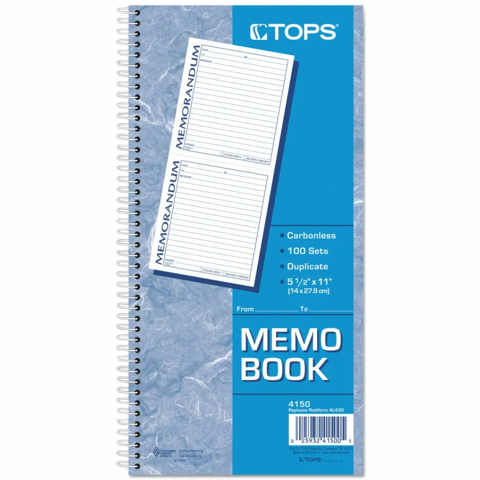 Adams 2-Part Spiral Memo Book, 5 1/4" x 11", Book Of 100 Sets