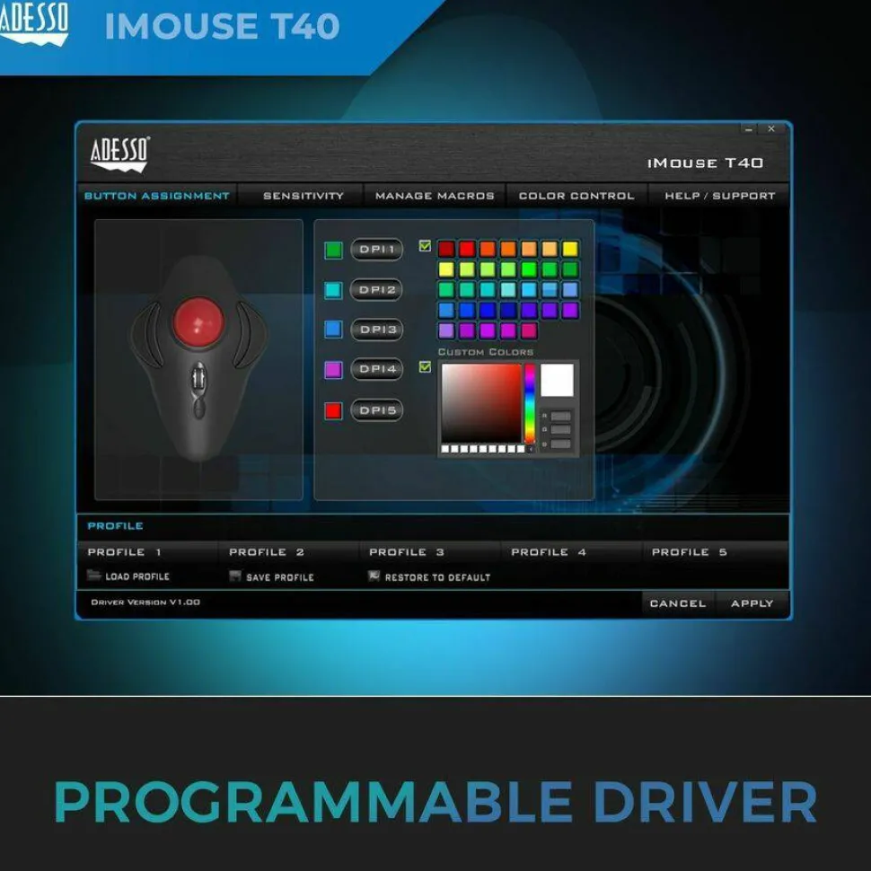 Adesso iMouse T40 Wireless Programmable Ergonomic Trackball Mouse