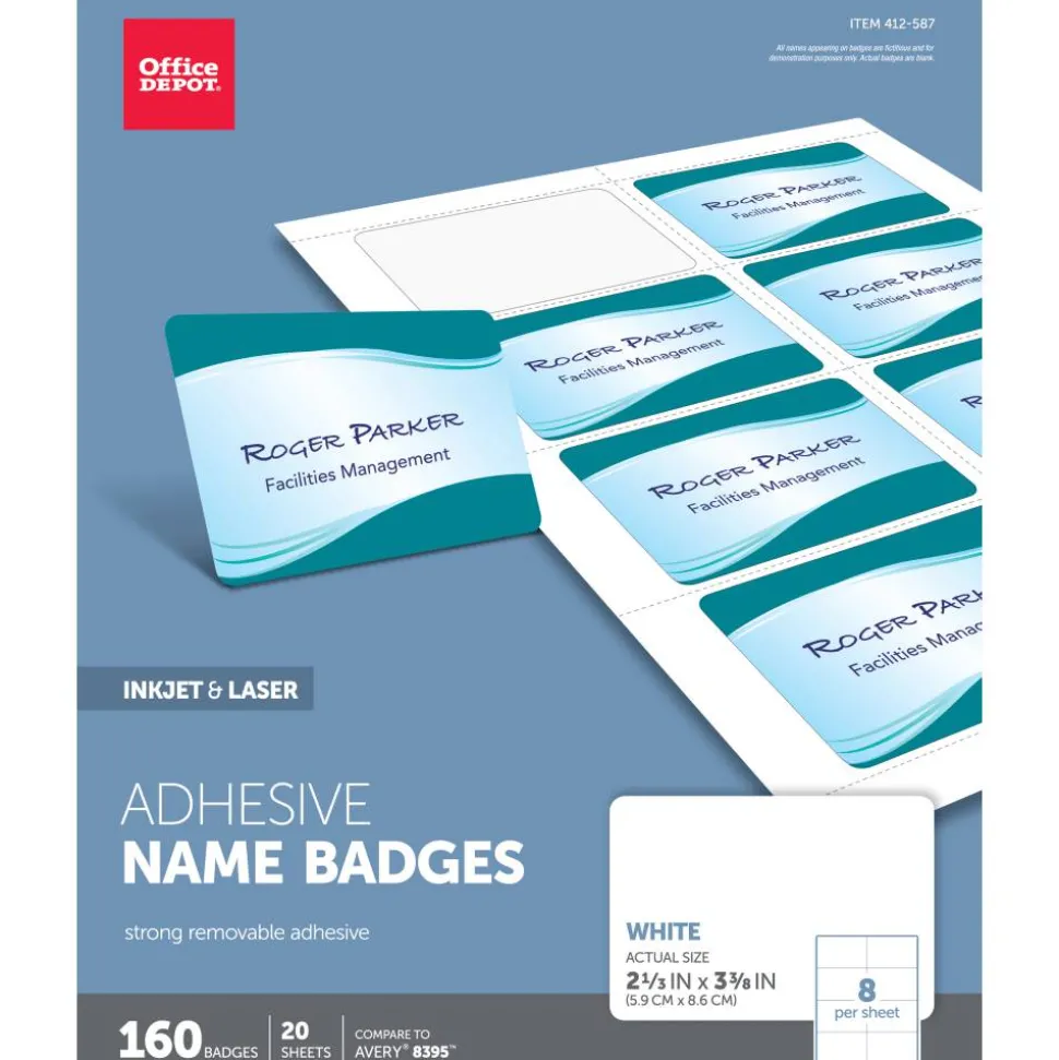 Adhesive Name Badges, 2-1/3" x 3-3/8", White, Pack Of 160