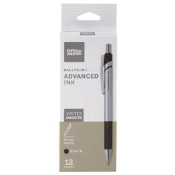 Advanced Ink Retractable Ballpoint Pens, Needle Point, 0.7 mm, Silver Barrel, Black Ink, Pack Of 12