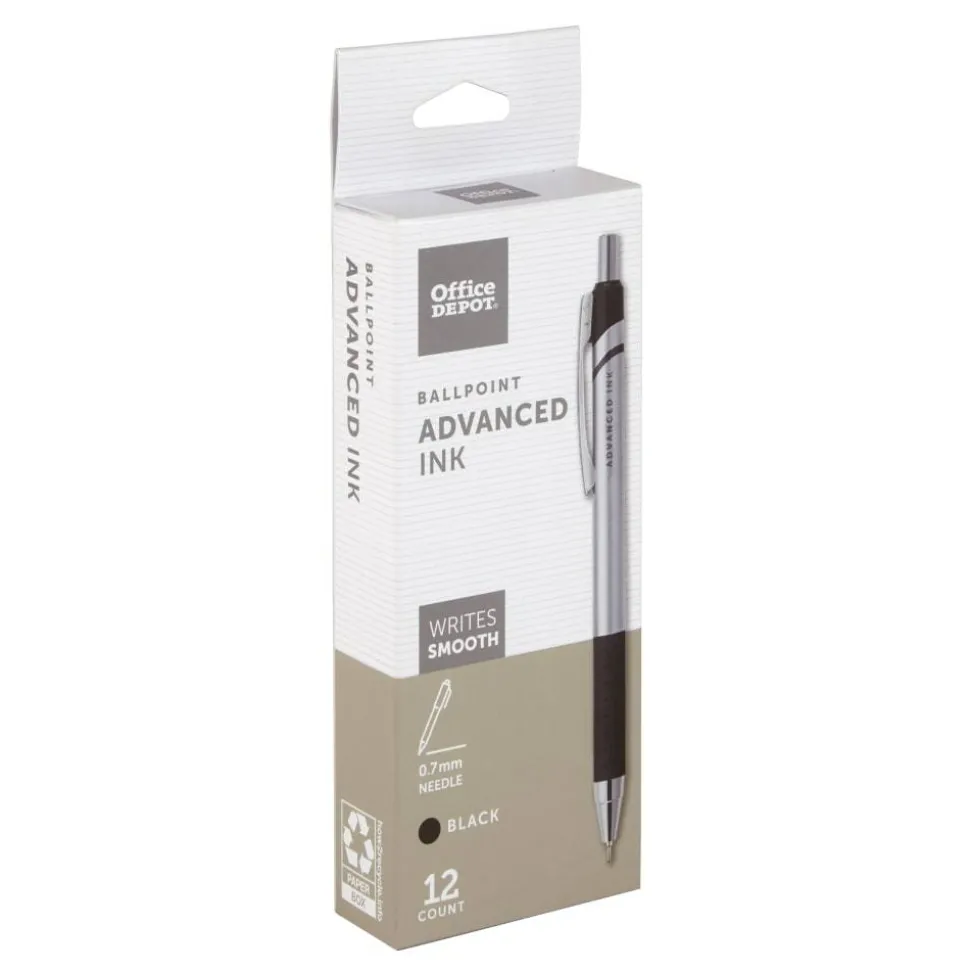 Advanced Ink Retractable Ballpoint Pens, Needle Point, 0.7 mm, Silver Barrel, Black Ink, Pack Of 12