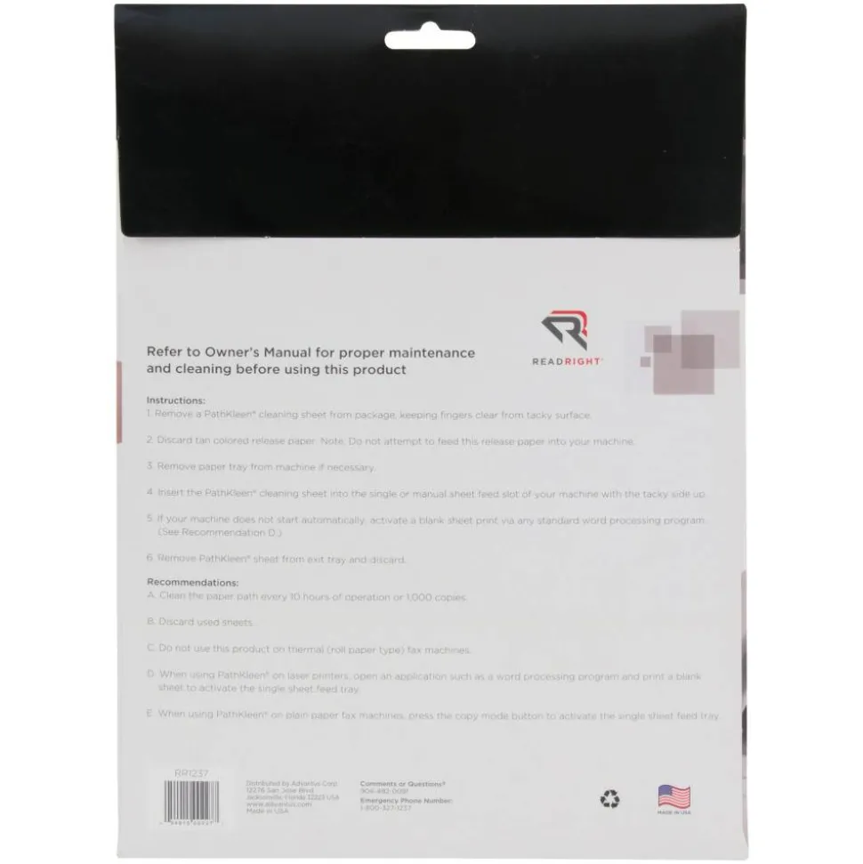 Advantus Pathkleen Laser Printer Cleaning Sheets, Pack Of 10